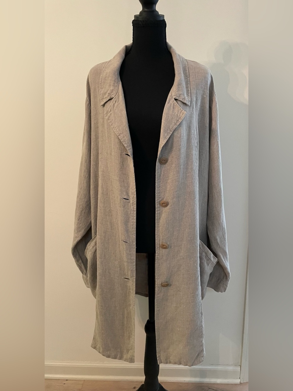 Flax Lagenlook Taupe/Beige 100% Linen Button Front Jacket Artsy Flowy Boho L